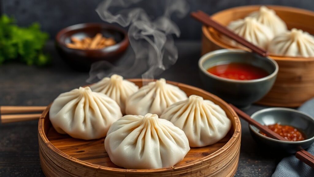 Steamed Xiao Long Bao soup dumplings with dipping sauce