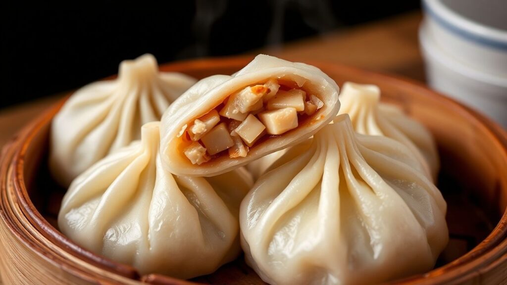 Xiao Long Bao served with black vinegar and ginger