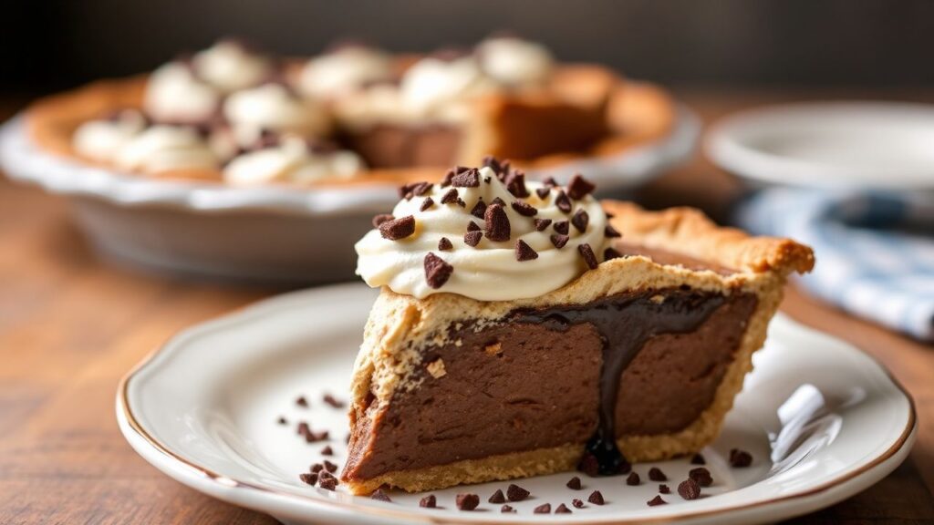 Chocolate chess pie slice with creamy custard texture in a Southern style.