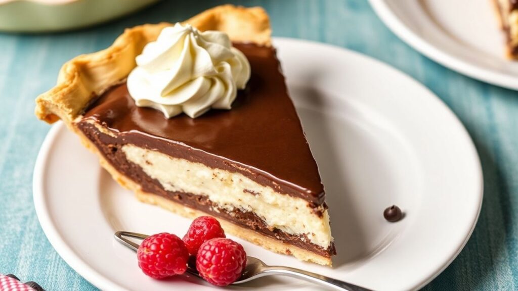 Chocolate chess pie served with creamy filling and a Southern dessert presentation.