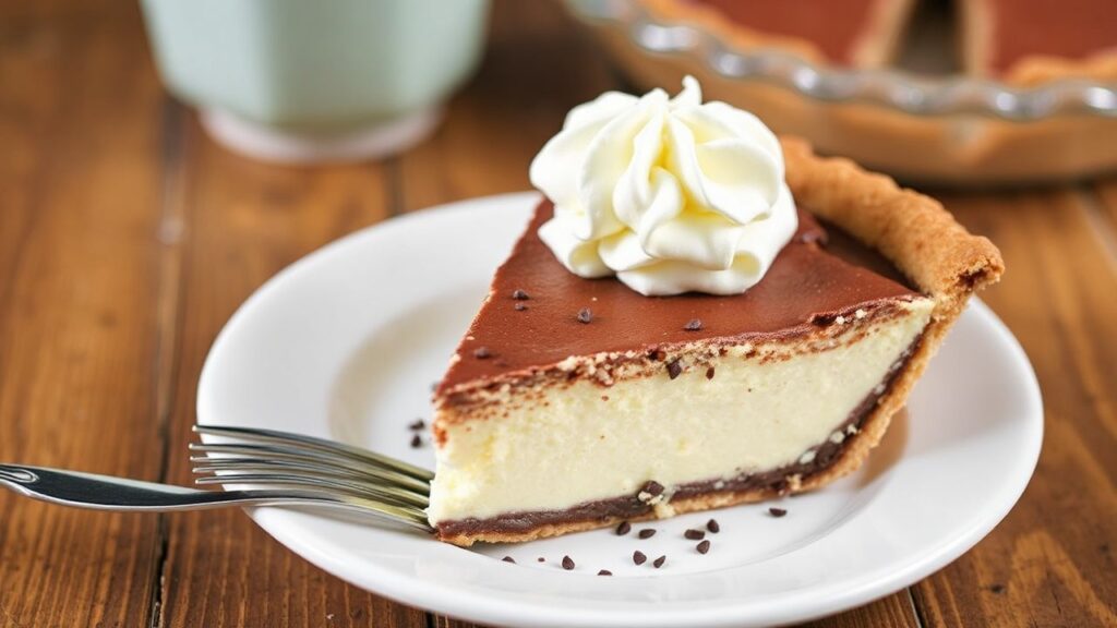 A finished chocolate chess pie with creamy custard and Southern charm.