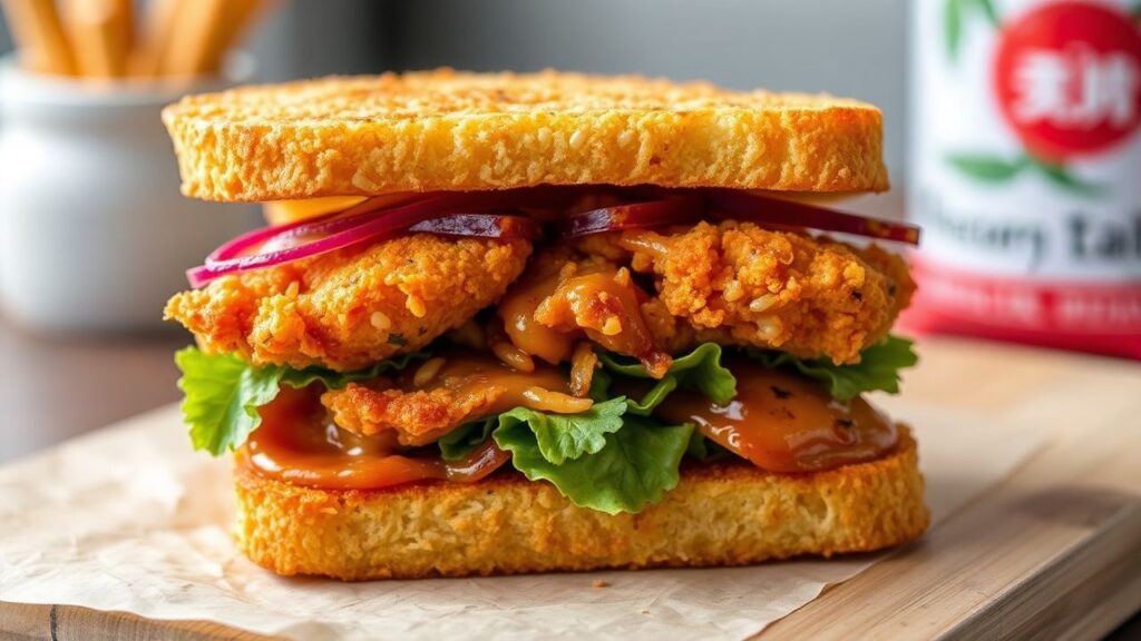 Crunchy Japanese chicken katsu sandwich with tender cutlet and crisp cabbage
