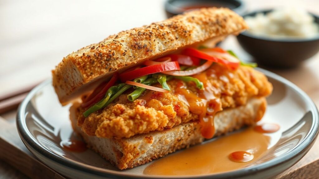 Japanese chicken katsu sandwich with crisp cabbage and glossy sauce
