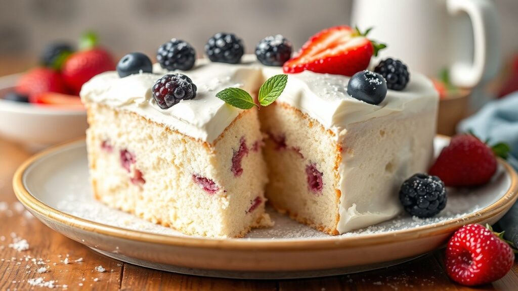 Angel food cake with fresh berries, light and fluffy texture