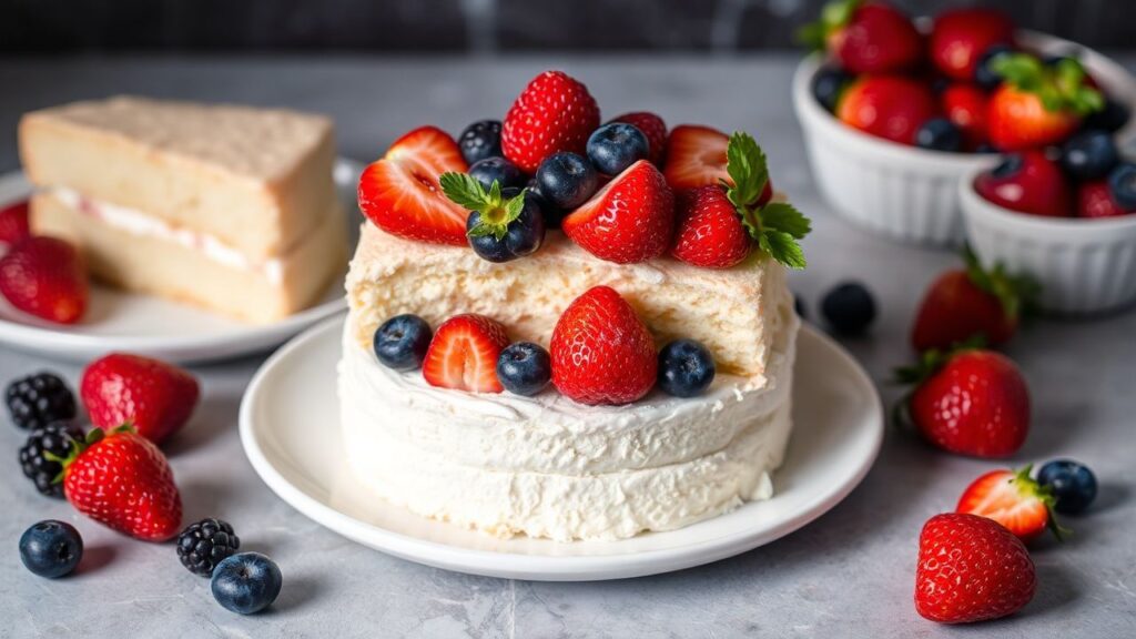 Fresh berry angel food cake presentation