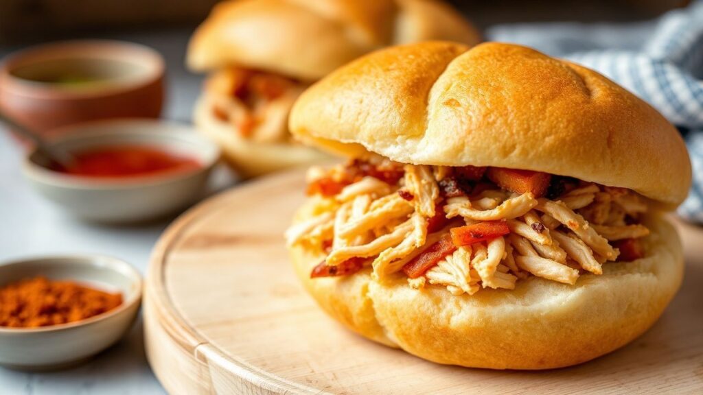 Fluffy steamed buns stuffed with seasoned shredded chicken