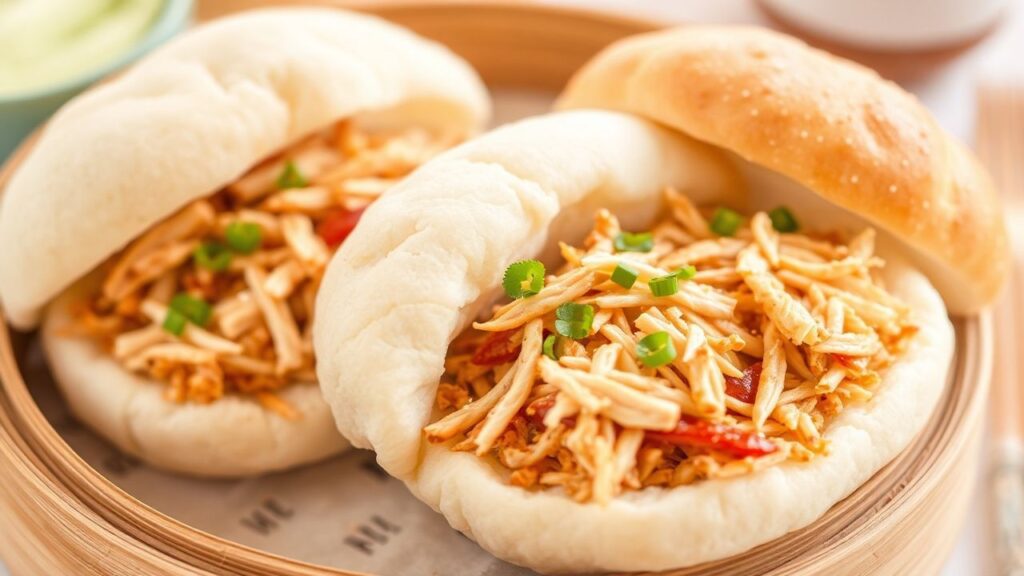 Steamed buns with savory chicken filling served with garnish