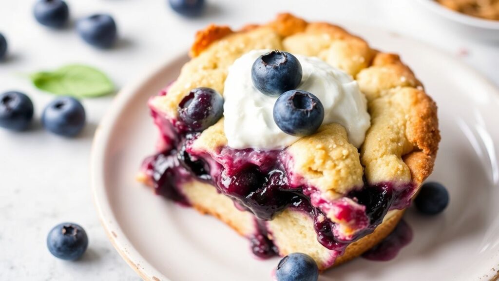 Blueberry buckle dessert with glossy blueberries and golden crumb topping