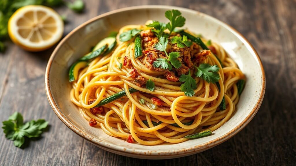 Zesty zucchini noodle Pad Thai with tamarind-lime sauce, tofu, and crunchy peanuts