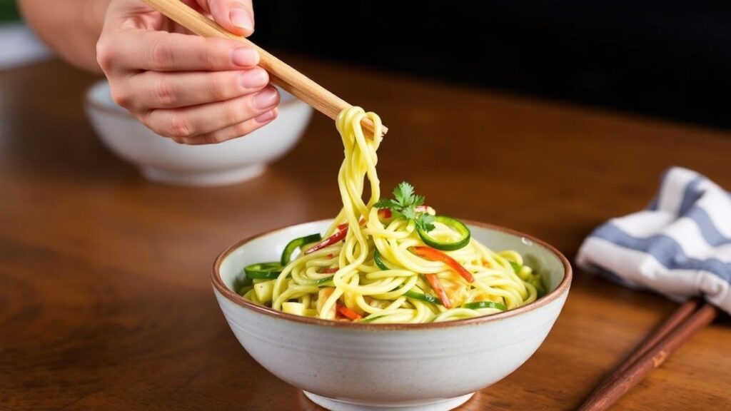 Zesty zucchini noodle Pad Thai with bell pepper, cilantro, peanuts, and lime