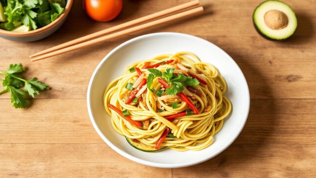 Close-up of Zesty Zucchini Noodle Pad Thai with tamarind-lime glaze and crunchy topping