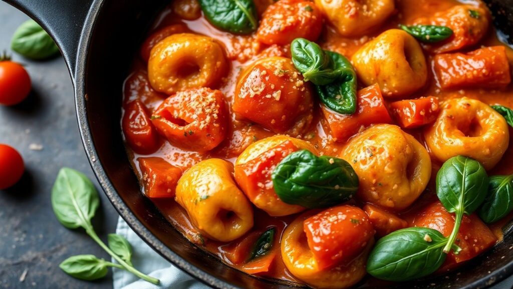 One-pan creamy tomato tortellini with spinach in a skillet
