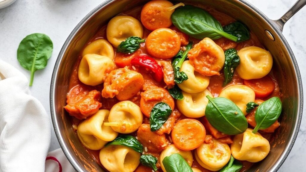Skillet of creamy tomato tortellini with spinach ready to serve