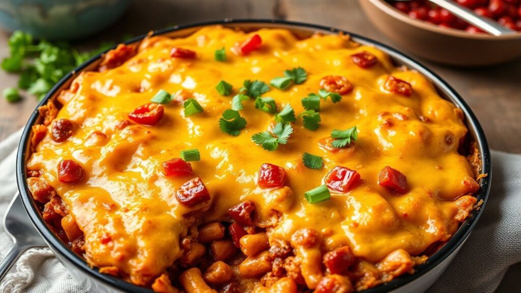 Frito pie casserole with chili, melted cheese, and crunchy corn chips
