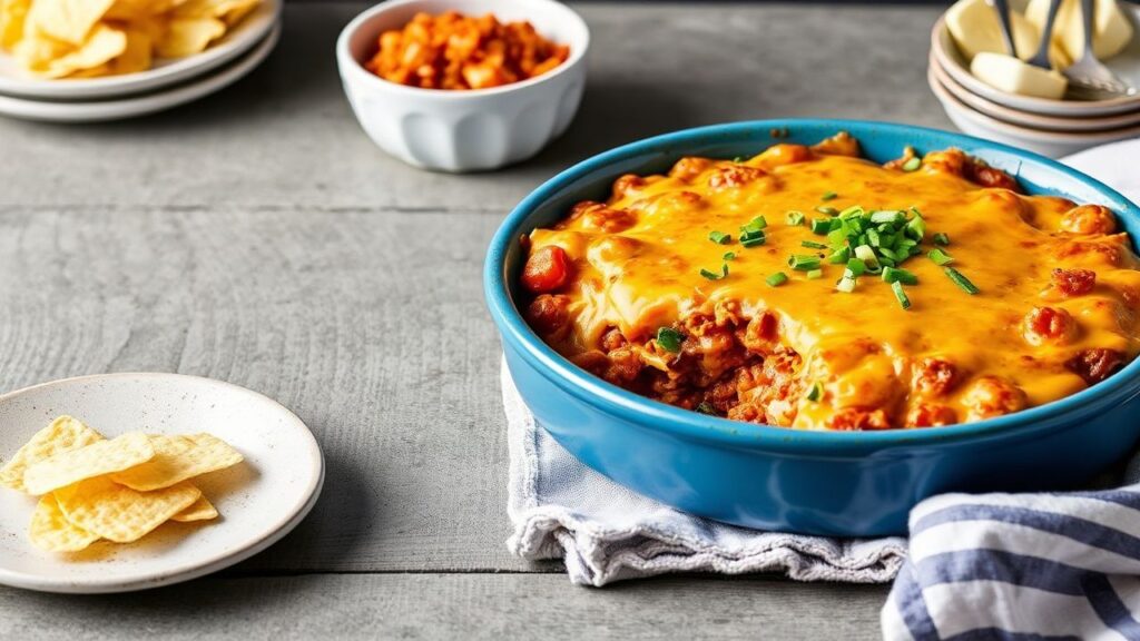 Baked Frito pie casserole with chili and melted cheese