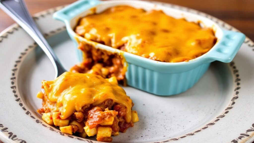 Ultimate Frito pie casserole close-up with chili and melted cheese