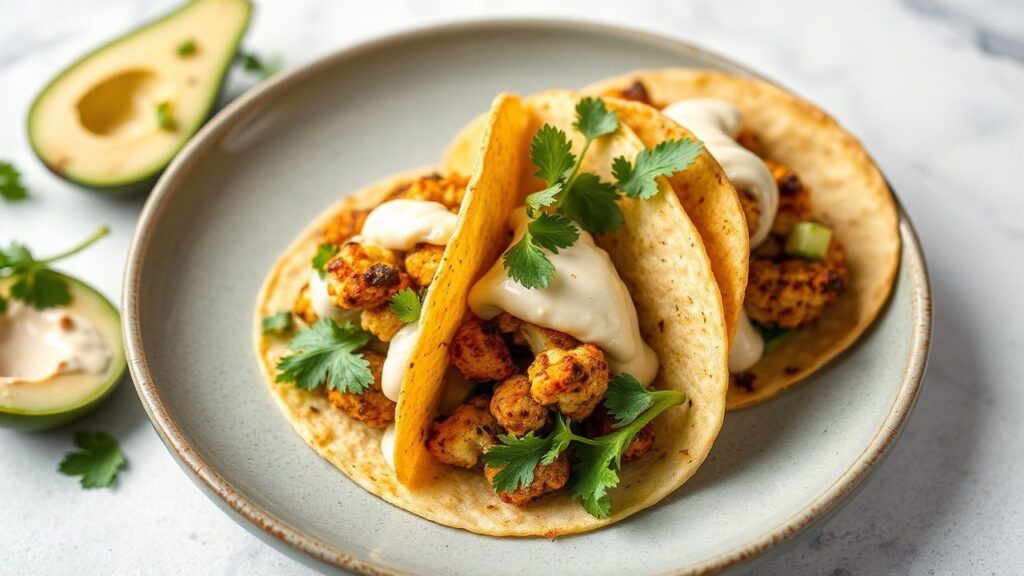 Roasted cauliflower tacos with chipotle aioli, featuring smoky roasted florets and creamy sauce