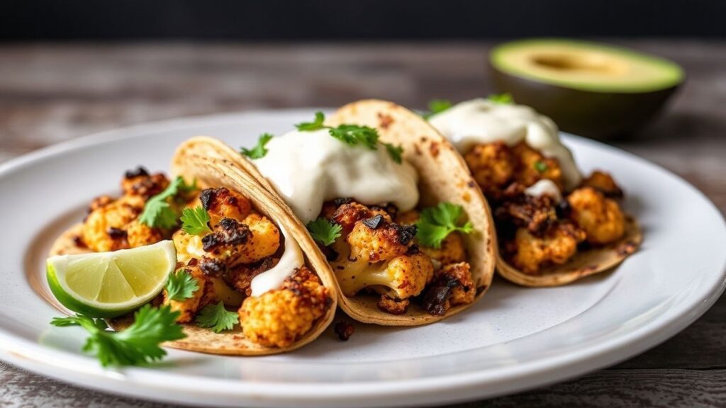 Decadent roasted cauliflower tacos with chipotle aioli and vibrant toppings