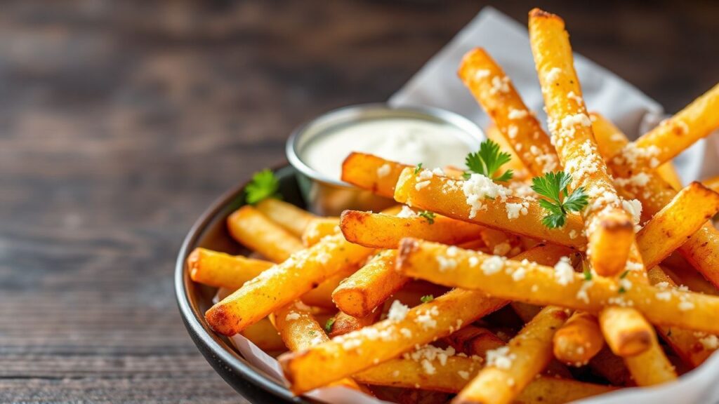 Crispy garlic parmesan fries made in an air fryer in 15 minutes