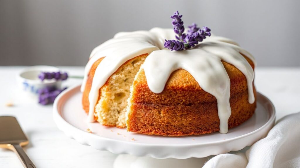 Loaf of aromatic vanilla and lavender pound cake