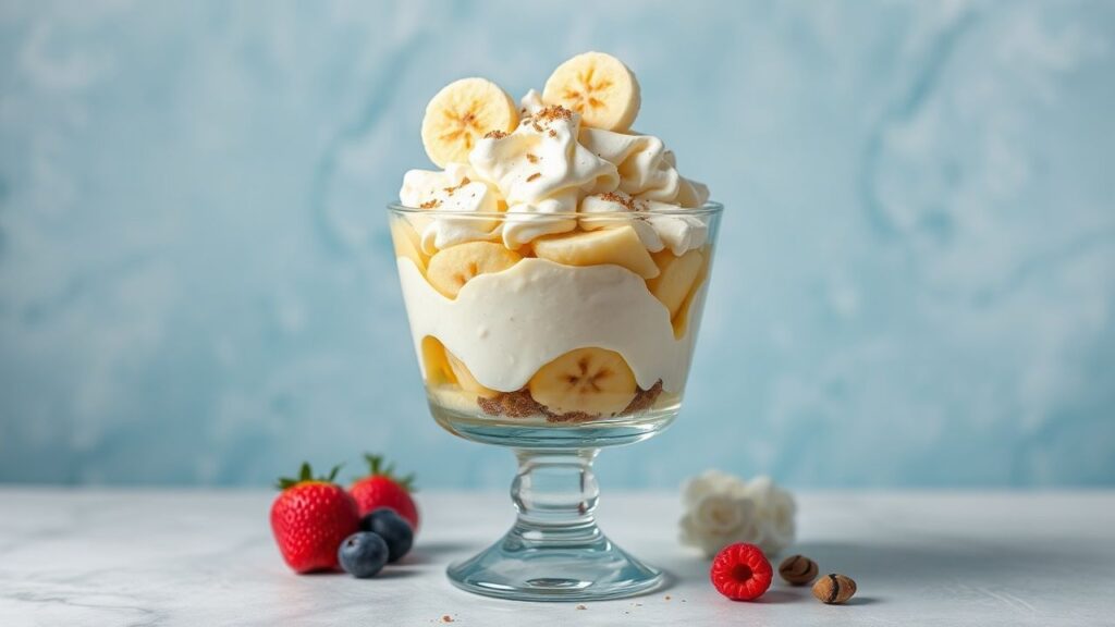 Classic banana split dessert with a scoop of ice cream, showing a nostalgic, layered look.