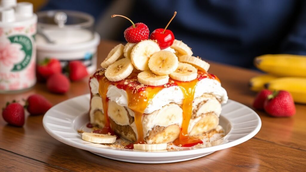 Banana split dessert served in layers with whipped cream and toppings.