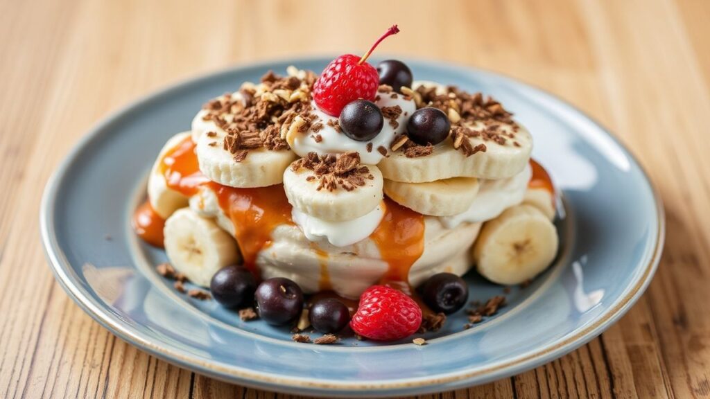 Classic banana split dessert with cherries and whipped cream for a nostalgic, layered finish.