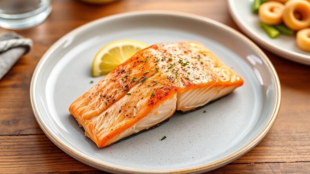 Air-fried salmon slices with herbs, served as a quick 10-minute meal