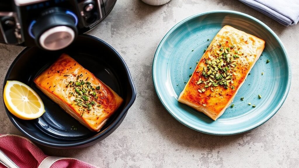 Salmon in an air fryer with herbs for a fast 10-minute meal