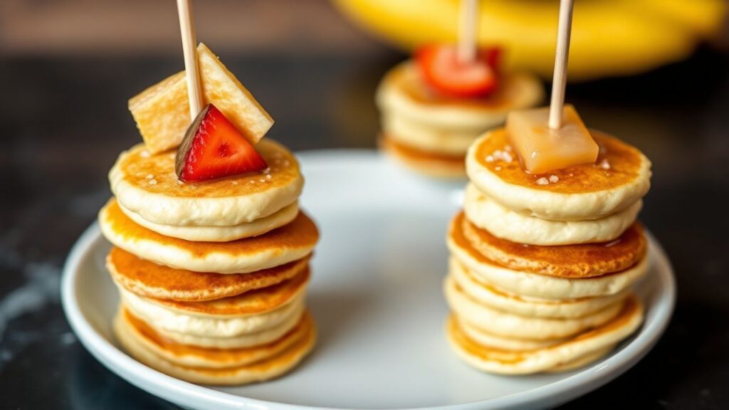 Mini pancake stacks on a skewer with fresh fruit and flavorful seasoning for a fun breakfast