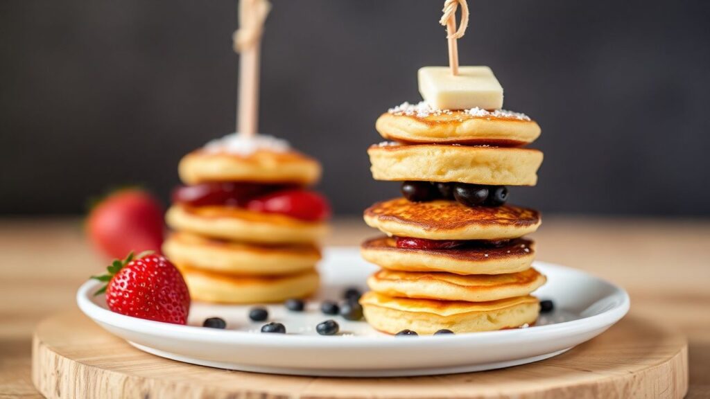 Mini pancake skewers assembled with toppings and fruit for a breakfast centerpiece