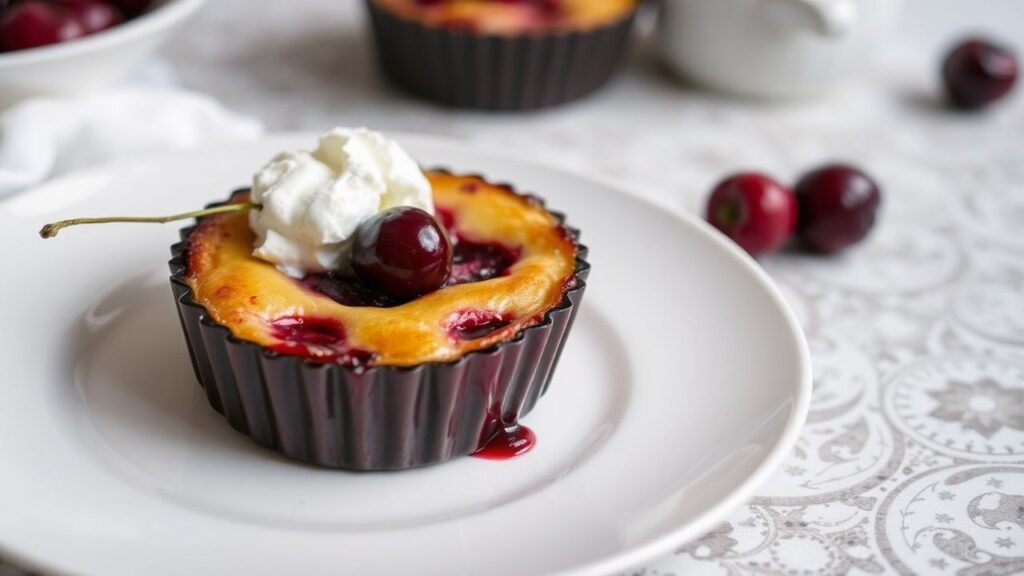 Clafoutis baked in a clay dish with cherries and a creamy custard center