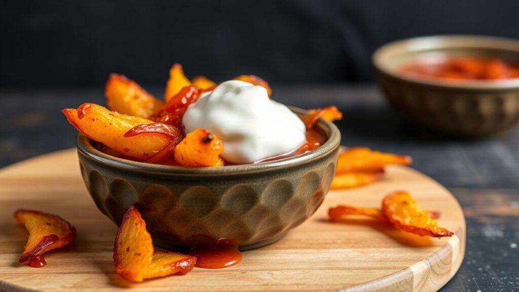 Crispy sweet potato nachos with gochujang sweet heat sauce