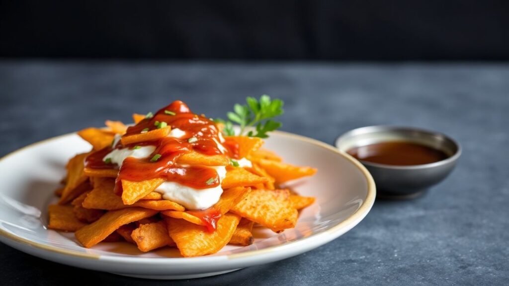 Sweet potato nachos topped with gochujang sauce, cheese and herbs