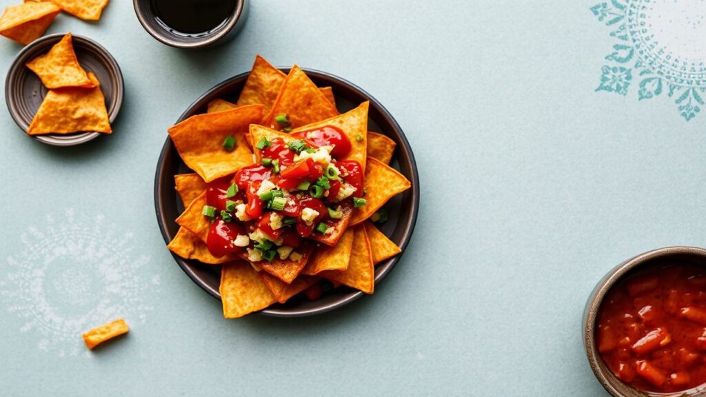 Gochujang sweet potato nachos plated and ready to serve