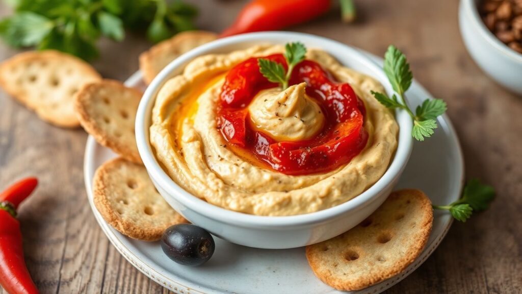 Roasted red pepper hummus and olive tapenade served as a Mediterranean snack platter