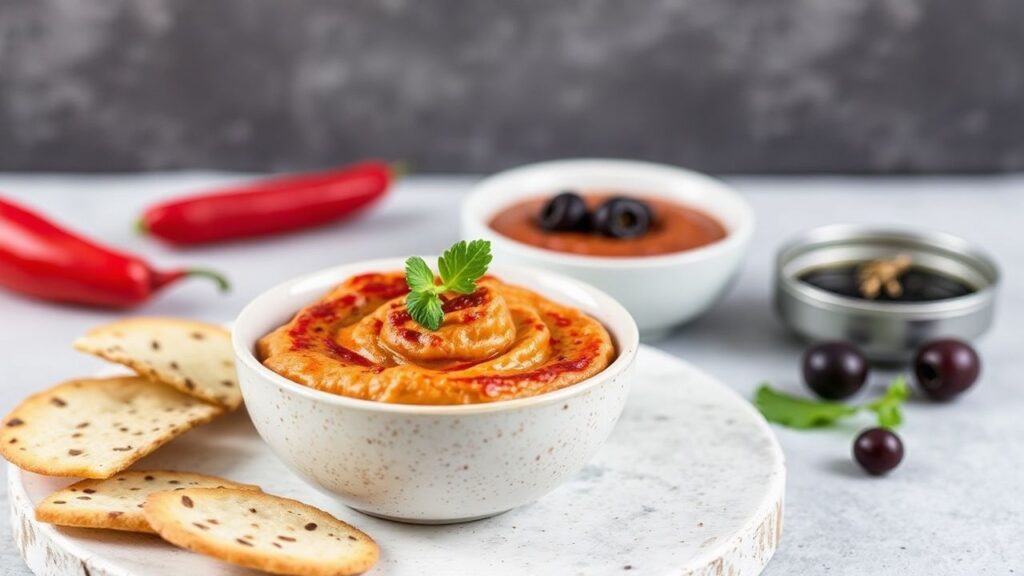Roasted red pepper hummus and olive tapenade on a platter with crackers