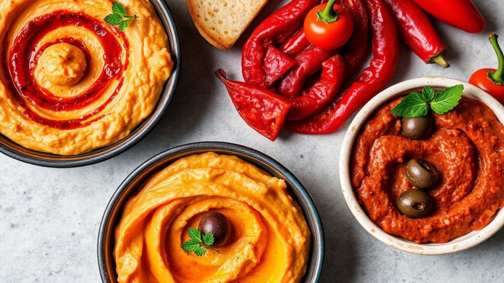 Close-up of roasted red pepper hummus and olive tapenade as a snack platter