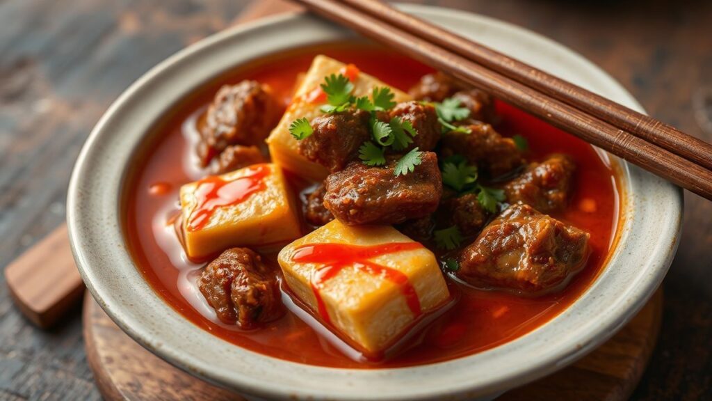 Korean spicy soft tofu and beef stew with red chili broth, warm steam, and rich flavor.