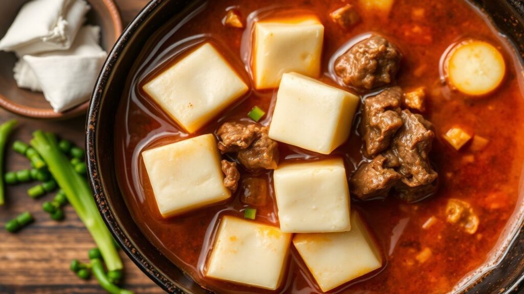 Bowl of spicy Korean tofu and beef stew with red broth and sesame aroma.