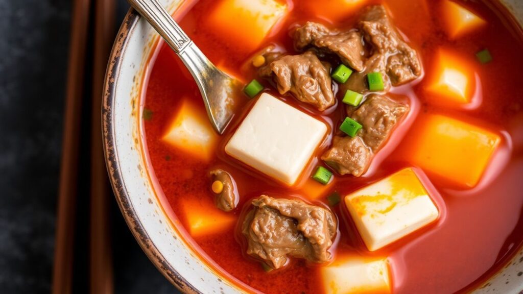 Hot Korean spicy soft tofu stew in a bowl, rich chili broth, steaming and ready to serve.