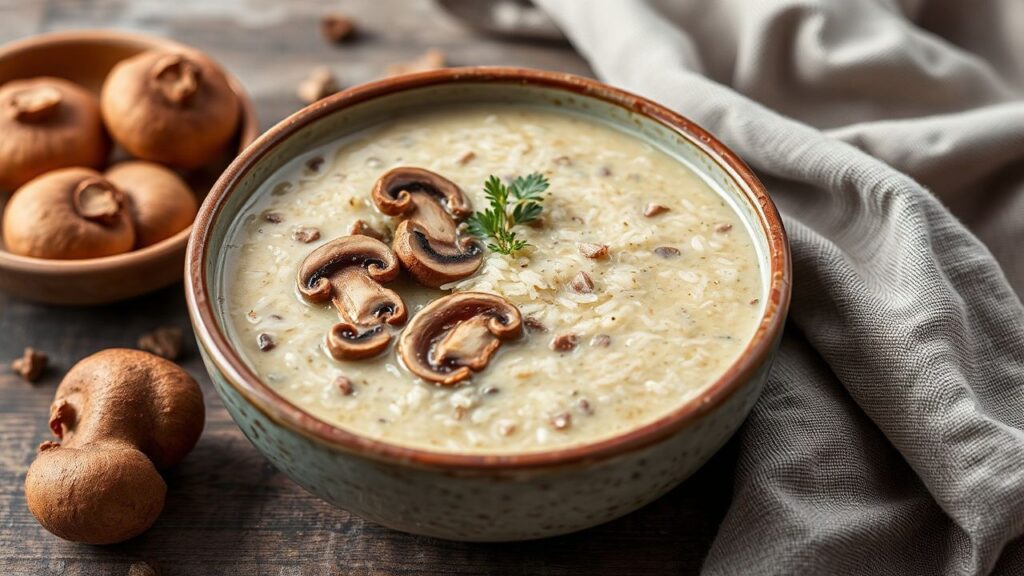 وعاء شوربة فطر وأرز بري بلون كريمي، لمسة نباتية مخملية تُجسد إمكانيات الطبخ النباتي