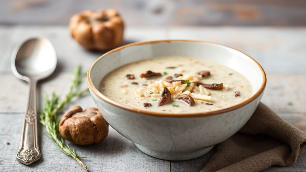 وعاء شوربة كريمية من أرز بري و فطر نباتي، قوام مخملي دافئ يلتف براحة وهدوء