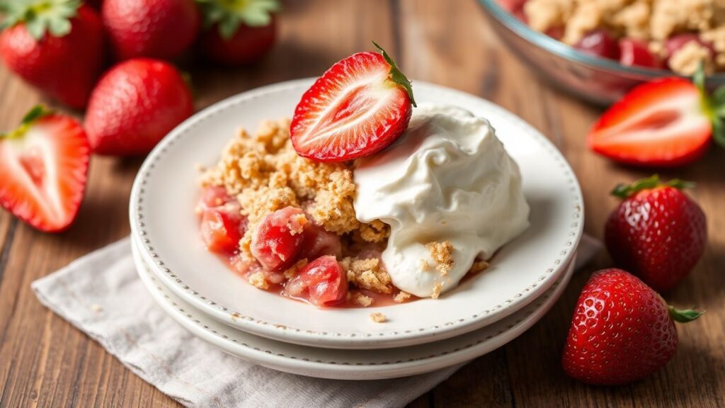 Strawberry rhubarb crumble with a warm, sweet-tart filling and crisp topping.