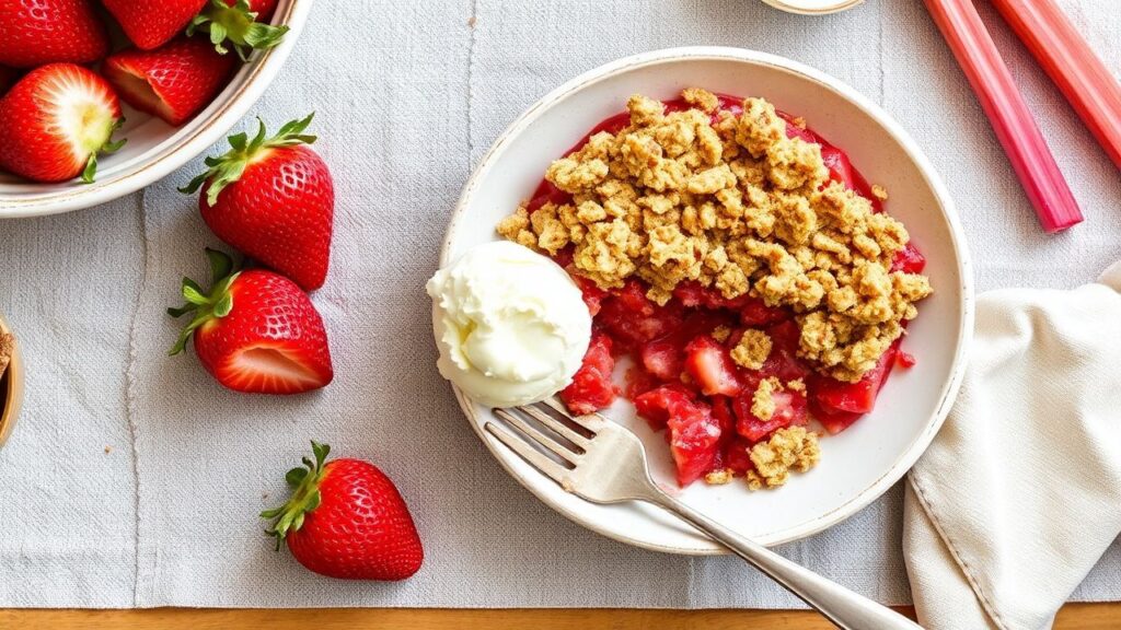 Golden strawberry rhubarb crumble with crisp topping and bubbling fruit filling.