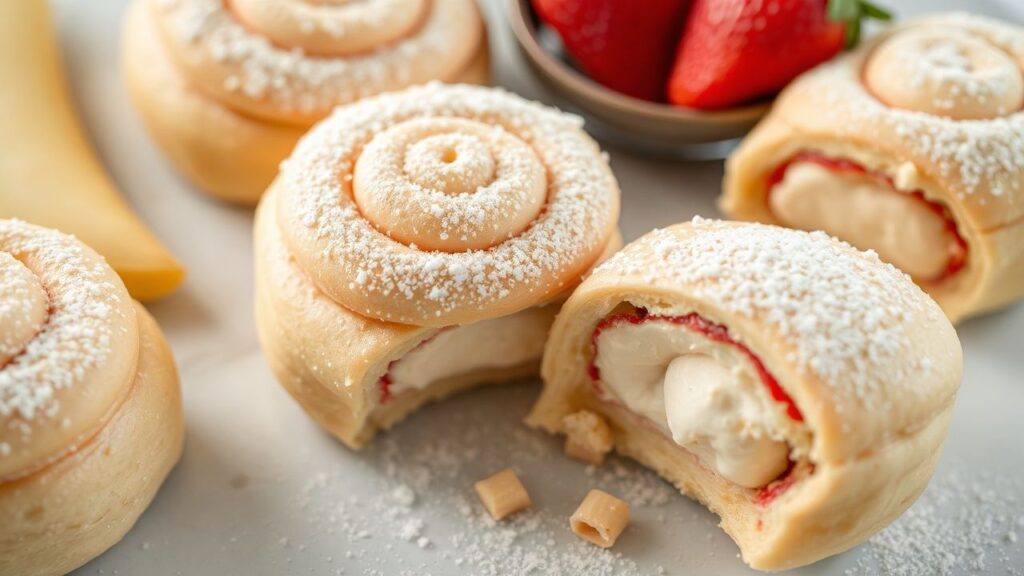 Fluffy sweet rolls filled with luscious creamy goodness, soft and cloud-like, cozy bakery vibe