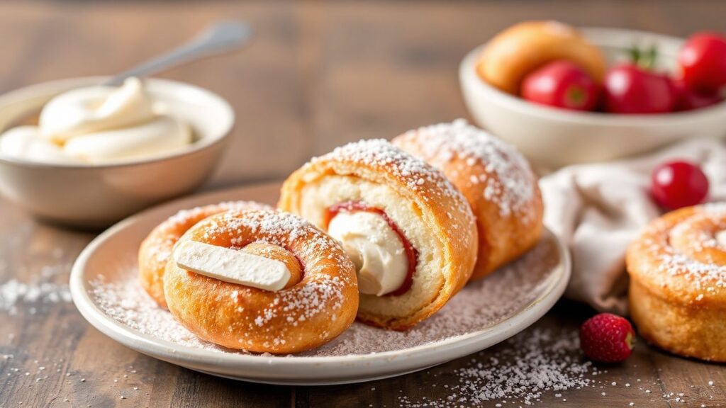 Fluffy sweet rolls filled with luscious creamy goodness on a serving tray, warm and ready