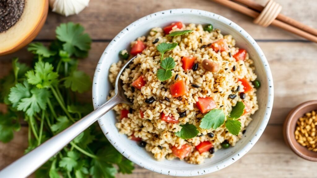 Asian Quinoa Salad with Sesame Ginger plated with sesame seeds
