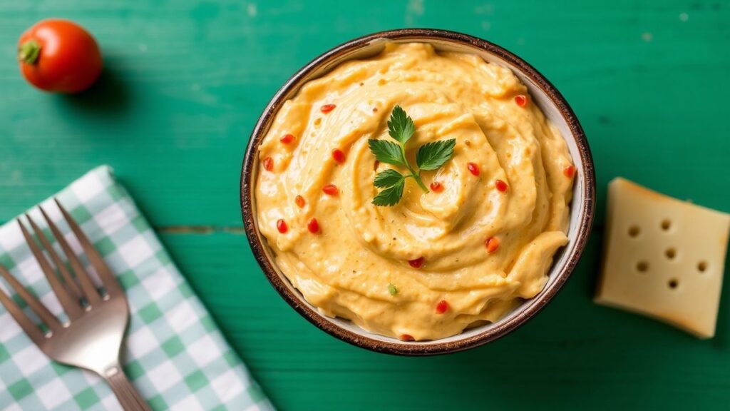 Classic southern pimento cheese spread topped with seasoning on a serving table
