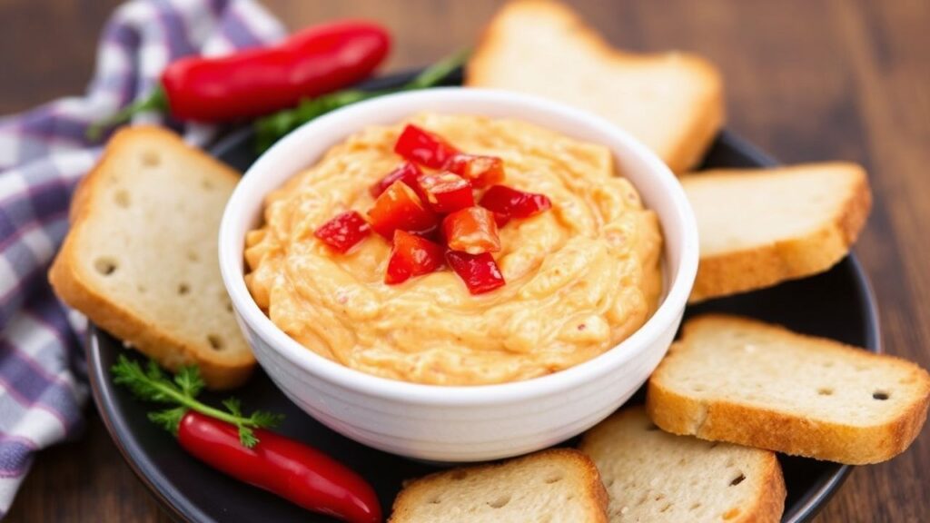 Pimento cheese spread served for a gathering with crackers and garnishes